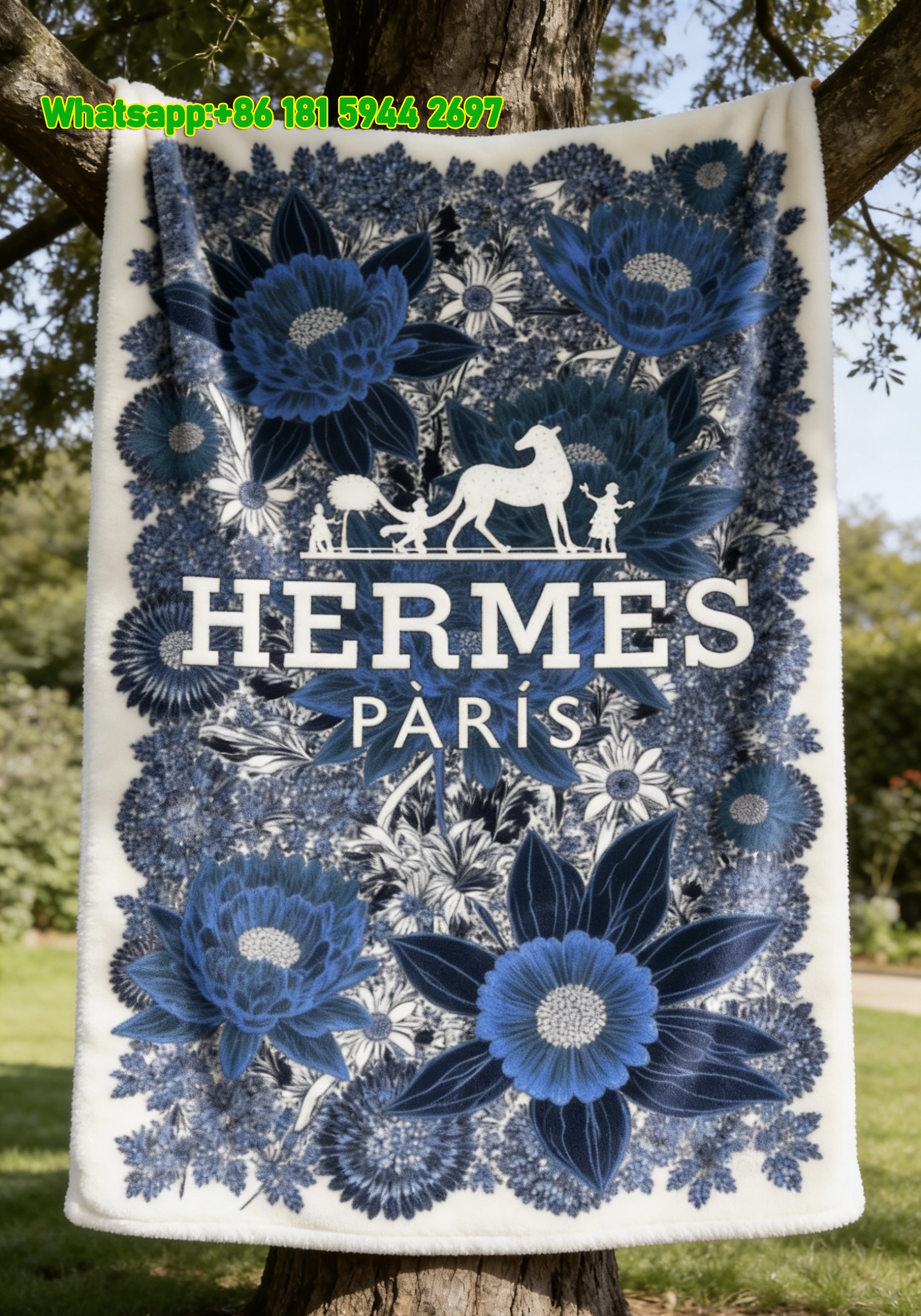Hermès Blue Floral Flannel Fleece Throw Blanket IMG_4975